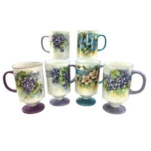 Vintage Floral Pedestal Mugs With Hand-Painted Designs Blue Purple Set jj3710